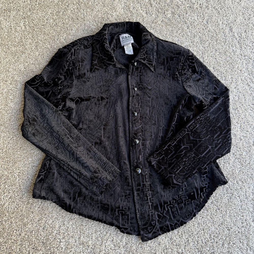 R&M Richards Jacket Womens 12 Black Velvet Geometric Button Front Stretch 6301